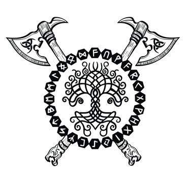 Aegishjalmur viking Tree of Life, axe  of awe runes vector