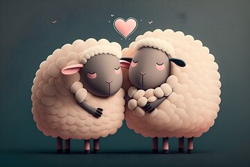 Illustration of a cute couple of sheeps in love, valentines day concept. Generative AI.