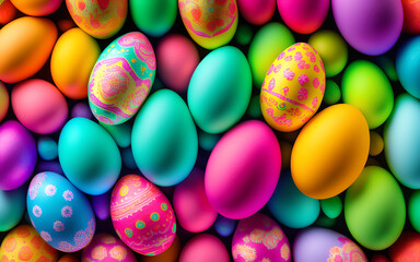 Fototapeta na wymiar Many decorated Easter eggs as background. Generative Al Illustration.