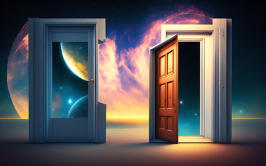 View through to the door onto fantasy planet somewhere in the universe. Generative Al Illustration.