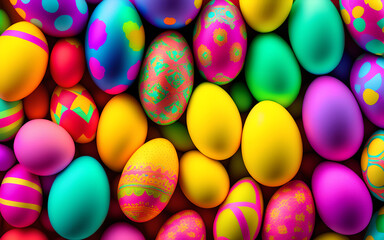 Fototapeta na wymiar Many decorated Easter eggs as background. Generative Al Illustration.