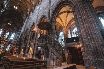 Spiral staircase to the sermon site in the ancient cathedral in Nuremberg, Germany