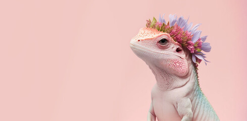 Portrait of a lizard with flower garland - Generative AI