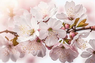 Beautiful blooming pink cherry blossoms, Japanese Sakura,  spring season, petals of flowers on a tree