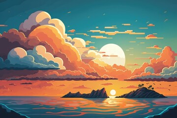 sunset, cloudy blue sky, and the sea. Generative AI
