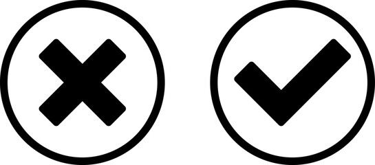 Yes and No or Right and Wrong or Approved and Declined Icons with Check Mark and X Signs in Black Circles. Vector Image.	
