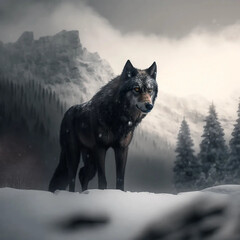 wolf in winter on a snowy mountain