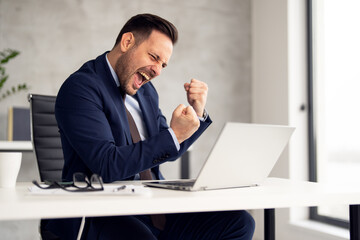 Excited businessman celebrating business success in office