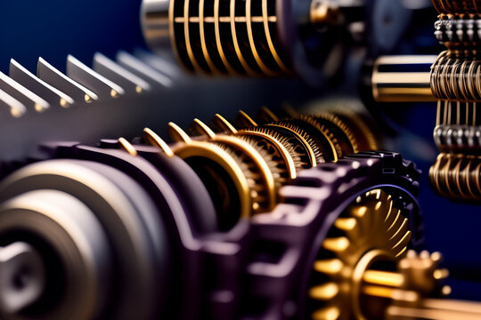 primer plano de una intrincada maquinaria compuesta por m&uacute;ltiples engranajes, ejes y engranajes entrelazados para realizar una operaci&oacute;n mec&aacute;nica espec&iacute;fica. Concepto de ingenier&iacute;a mec&aacute;nica.