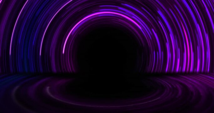 Animation of purple and blue neon circle light trails on black background