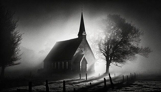 A church in morning light, dramatic black and white photograph - generative ai