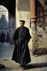 Naklejka premium A traditionalist old-school Catholic priest wearing a cassock - generative ai