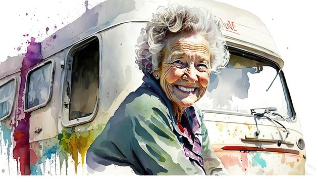 woman with van, good quality of life in old age, fun and freedom, people art, watercolor painting. Generative AI