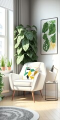Light, new style living room with white coomode, armchair, small table and decorative houseplants. Generative AI