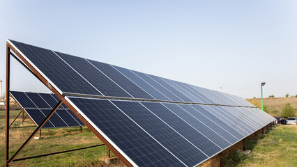 Solar panels on a green field