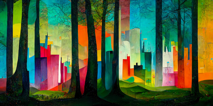 A dynamic mural where the skyline of a modern city and the dense greenery of a forest blend together for a unique and attractive visual effect. Generative AI