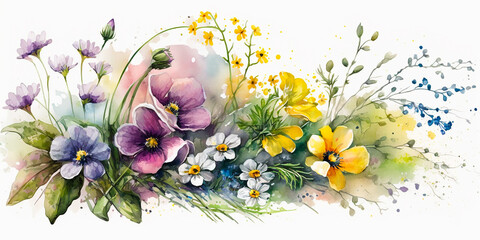 Floral horizontal banner with abstract blue flowers, plants, grasses. Watercolor llustration on a white background, summer spring time, generative AI