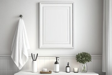 Fototapeta na wymiar Light color modern bathrom mock up with an empty picture frame, ai generative