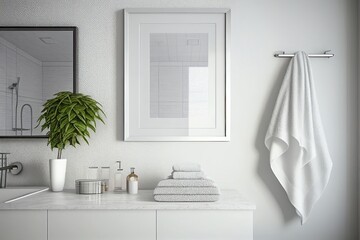 Light color modern bathrom mock up with an empty picture frame, ai generative