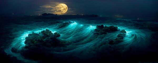 A mystical and panoramic view of waves on an ocean under a full moon, for powerful and evocative images. Generative AI