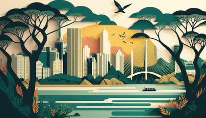Brazilian Big City illustration. Sao Paulo, Brazil. Multi layers, Paper-like. Generative AI.