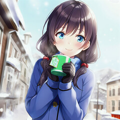 A beautiful girl with a cup of tea walks around old town. Winter. Anime style. AI generated image