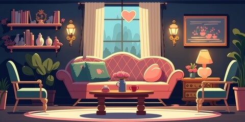 Interior of living room with sofa and decor for Valentine's Day. Generative AI
