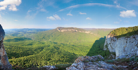 Spring Crimea Mountain rocky view with valley and Sokolinoje Village (Ukraine). Great Crimean...