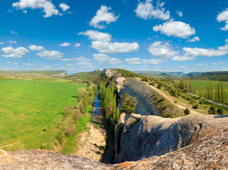 Spring Crimea Mountain landscape with rocks and river (Ukraine).