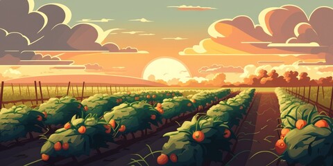 Obraz na płótnie Canvas Sunset in clouds over agricultural fields with green tomatoes bushes. South Ukraine agriculture field. Generative AI