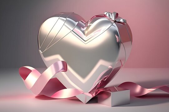 Silver heart with ribbon on pink background 