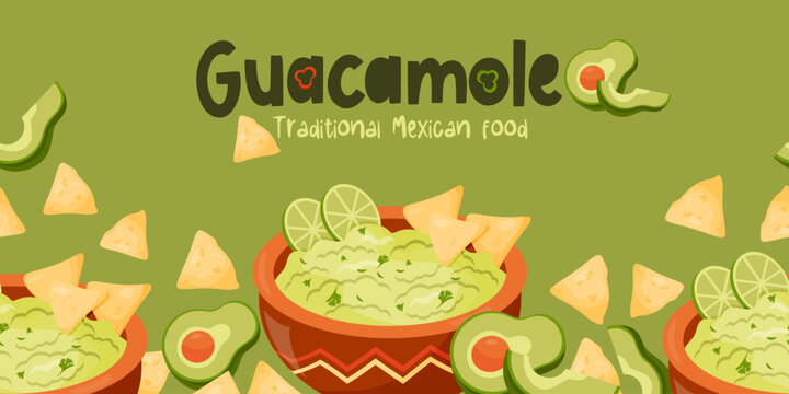 Seamless horizontal border with Guacamole. Traditional mexican food green sauce guacamole with nachos, avocado and and lime slices. Vector illustration. poster with Latin American national dish