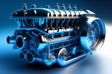 Plano del motor de un automóvil, muestra sus diversos componentes, como los cilindros, los pistones, las válvulas y el cigüeñal y los intrincados detalles del diseño generado por AI.  - obrazy, fototapety, plakaty