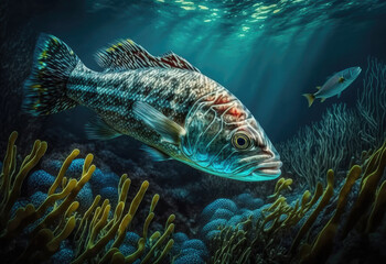 Obraz na płótnie Canvas pretty fishes in the darken ocean created with Generative AI technology