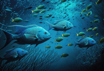 Fototapeta na wymiar pretty fishes in the darken ocean created with Generative AI technology