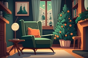 Stylish living room interior with decorated Christmas tree and comfortable armchair. Generative AI
