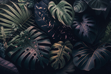 Lush monstera and palm leaves, Generative AI