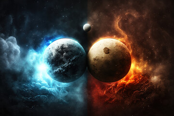Obraz na płótnie Canvas Two planets, opposite worlds, space background, Generative AI