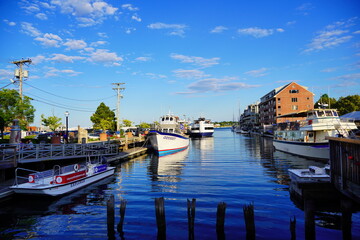 Portland Maine USA: 07 13 2022: Landscape of Fore river and Portland Harbor and Downtown in Maine	
