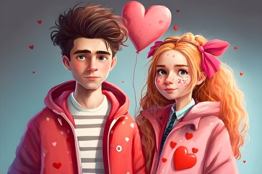Illustration of a cute couple of young people in love, valentines day concept. Generative AI.