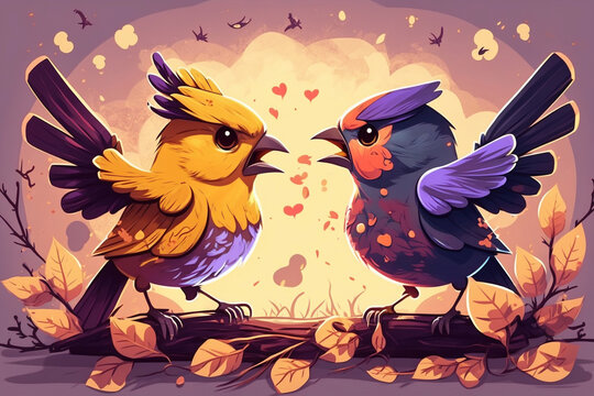 Pair of colorful birds fighting on a branch, cartoon illustration, generative AI