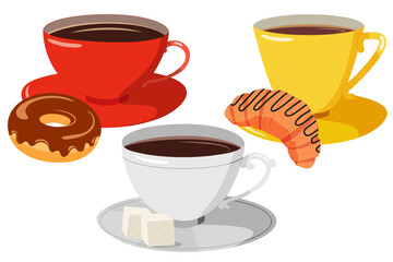 Set of colored coffee cups with delicious bakung and sugar cubes. Vector illustration for food and drink design.