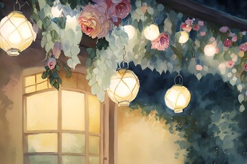 A colorful watercolor illustration of a set of blooming flower garlands hanging on a porch