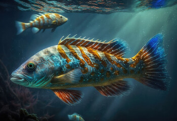Fototapeta premium pretty fishes in the darken ocean created with Generative AI technology