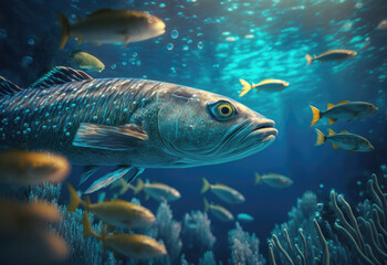 Fototapeta premium swam of fishes in the ocean created with Generative AI technology
