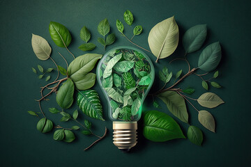 Green eco friendly lightbulb from fresh leaves top vie, concept of Renewable Energy and Sustainable Living, created with Generative AI technology