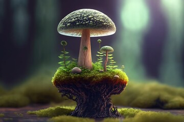 Magical micro forest. a piece of moss with a slender, long mushroom captured in macro. the extended zoom both collage and illustration. Generative AI