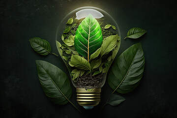 Green eco friendly lightbulb from fresh leaves top view, concept of Renewable Energy and Sustainable Living, created with Generative AI technology