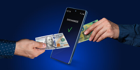 Online transfers, exchange, payment systems. Mobile banking. A hand puts dollars into a smartphone and takes out euros. The concept of currency exchange through mobile applications.