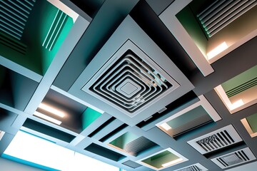 Ceiling in business center with ventilation tubes, concept of Airflow and HVAC, created with Generative AI technology
